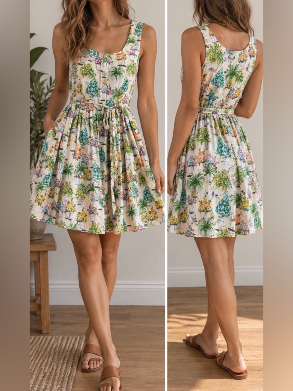 Dorothy Perkins Botanical Houseplant Print Cotton Sundress Cottagecore Size S